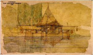 Frank Lloyd Wright, Lake Tahoe Summer Colony, Lake Tahoe, 1923, Based on the Native American teepee and other unidentified Native American designs. Image: Frank Lloyd Wright Foundation. 